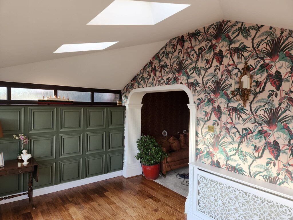 bespoke decorating services - 
 redecorated hallway with high quality wallpaper and complimentary wall colours
